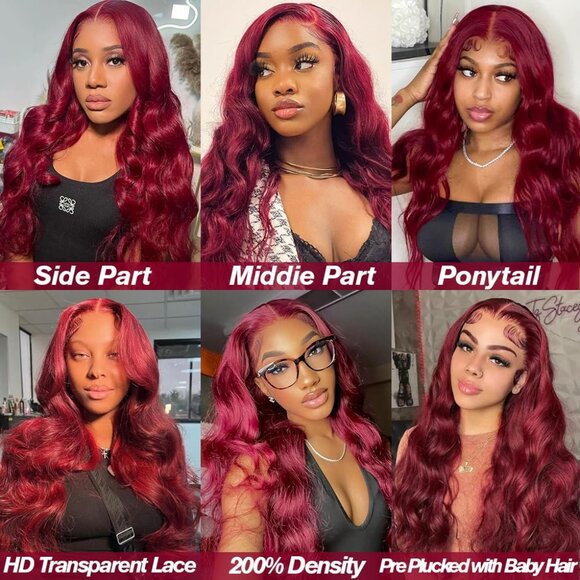 26” Burgundy Body Wave Lace Front Wig – 100% Brazilian Virgin Human Hair, 13x4 H